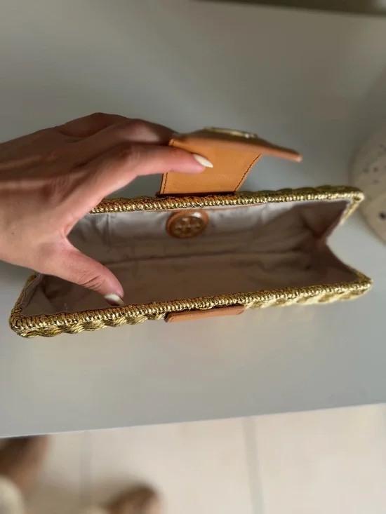 Gold Tory Burch Straw Clutch Bag with Tan Leather Accent - Picture 2 of 2